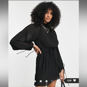 NWT ASOS DESIGN high neck plisse mini dress with blouson sleeve and tie detail.